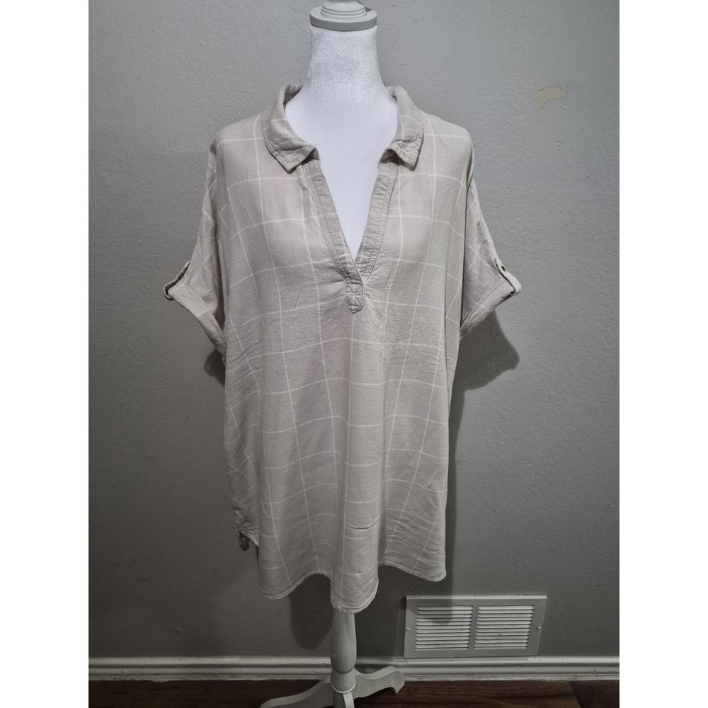 Tahari Cream & White Linen Blend Short Sleeve Hi-Low Hem Tunic Top Sz 2X Coastal
